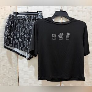 Black Cactus Print T-Shirt and Shorts Pajama Set